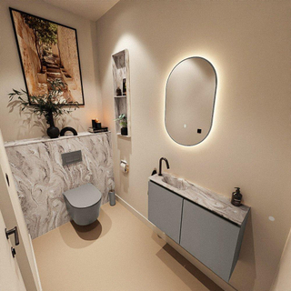 MONDIAZ TURE-DLUX Meuble toilette - 80cm - Smoke - EDEN - vasque Glace - position gauche - 1 trou de robinet