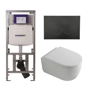 QeramiQ Dely Swirl Toiletset - 36.3x51.7cm - Geberit UP320 Burda inbouwreservoir - 35mm zitting - mat zwarte metalen bedieningsplaat - ronde knoppen - wit glans