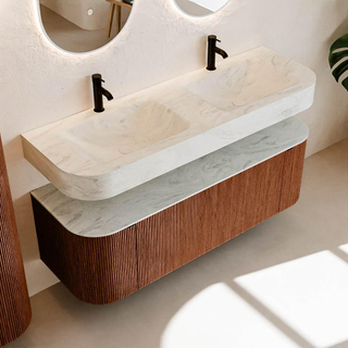 MONDIAZ THOR-DLUX Meuble de salle de bains 140cm arrondi gauche + droite couleur Ruby avec 1 tiroir et 2 portes. Vasque suspendue CLOUD Double 2 trous de robinet couleur Opalo.