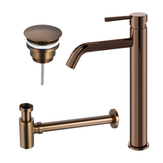 FugaFlow Eccelente Acces Ensemble robinetterie de lavabo - robinet de lavabo surélevé - bouchon toujours ouvert - siphon design abaissé - Cuivre brossé PVD (Cuivre)