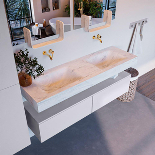 Mondiaz ALAN-DLUX Ensemble de meuble - 150cm - meuble Cale mat - 2 tiroirs - Lavabo Cloud Opalo suspendu - vasque Gauche et droite - 0 trous de robinet