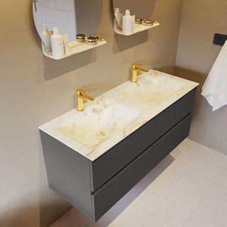 Mondiaz VICA-DLUX Ensemble de meuble de salle de bain - 120cm - meuble sous-vasque gris foncé - 4 tiroirs - lavabo encastré cloud double - 2 trous de robinet - version haute de 60cm - frape