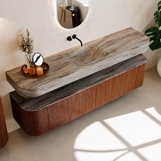 MONDIAZ THOR-DLUX 190cm meuble de salle de bains arrondi gauche + droite couleur Ruby avec 2 tiroirs et 2 portes. Vasque suspendue CLOUD Milieu sans trou de robinet couleur Oza.