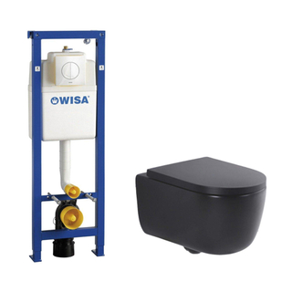 QeramiQ Dely Swirl Toiletset - 36.5x53cm - Wisa XS inbouwreservoir - 35mm zitting - witte bedieningsplaat - ronde knoppen - zwart mat