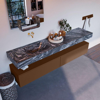 Mondiaz ALAN-DLUX Ensemble de meuble - 200cm - meuble Rust mat - 2 tiroirs - Lavabo Cloud Lava suspendu - vasque Gauche - 0 trous de robinet