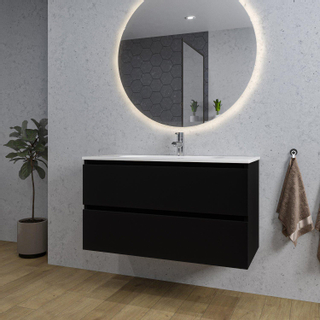 Adema Chaci Badkamermeubelset - 100x46x57cm - 1 ovale keramische wasbak wit - 1 kraangat - 2 lades - ronde spiegel met verlichting - mat zwart