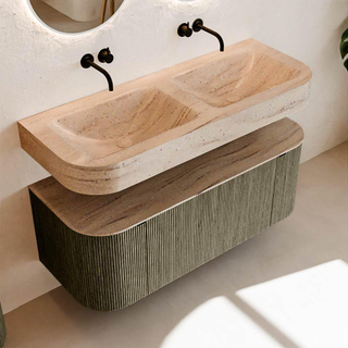 MONDIAZ THOR-DLUX 120cm meuble de salle de bains arrondi gauche + droite couleur Shadow avec 1 tiroir et 2 portes. Vasque suspendue CLOUD Double sans trou de robinet couleur Saba.