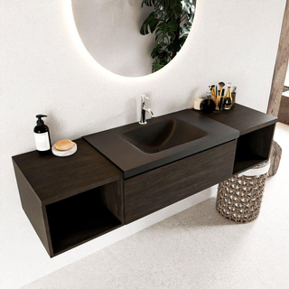 MONDIAZ BUKLA 160cm badmeubel met open module 40 L+R kleur Dark Brown met 1 lade. Wastafel CLOUD midden 1 kraangat kleur Urban.