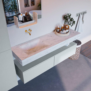 Mondiaz ALAN-DLUX Ensemble de meuble - 150cm - meuble Clay mat - 2 tiroirs - Lavabo Cloud Opalo suspendu - vasque Gauche - 0 trous de robinet