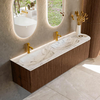 MONDIAZ KURVE-DLUX 165cm Meuble salle de bain avec module 25 D - couleur Walnut - 2 tiroirs - 1 porte - vasque STOR SMALL double / gauche - 2 trous de robinet - couleur Glace