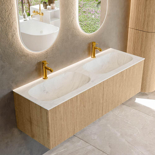 MONDIAZ KURVE-DLUX 140cm Meuble salle de bain - couleur Oak - 2 tiroirs - vasque STOR SMALL double - 2 trous de robinet - couleur Opalo