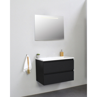 Basic Bella Meuble salle de bains avec lavabo acrylique Blanc 80x55x46cm sans trous de robinet avec miroir et éclairage Noir mat