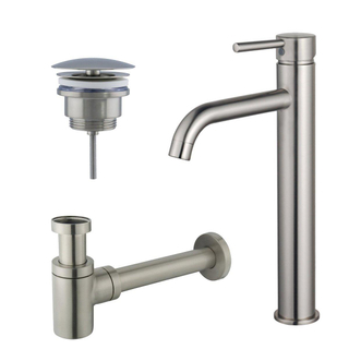 FortiFura Calvi Kit mitigeur lavabo - robinet rehaussé - bonde non-obturable - siphon design bas - PVD Inox brossé