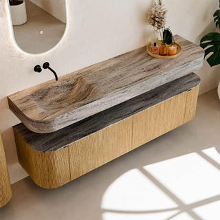 MONDIAZ THOR-DLUX 180cm meuble de salle de bains arrondi gauche + droite couleur Oak avec 2 tiroirs et 2 portes. Vasque suspendue CLOUD Gauche sans trou de robinet couleur Oza.