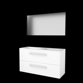 Basic-Line Framed 46 badkamermeubelset - 120x46cm - met grepen - 2 lades - acryl wastafel - 2 kraangaten - Spiegel - mat zwart aluminium frame - rondom - MDF lak Ice White