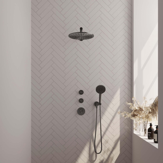 Brauer Gunmetal Carving Douche pluie thermostatique avec pommeau 30cm et bras mural 40cm et douchette Rond 3 jet flexible lisse avec coude mural Gunmetal brossé PVD