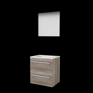 Basic-Line ensemble de meubles de salle de bain 60x46cm avec poignées 2 tiroirs lavabo acrylique 0 trous de robinet miroir cadre aluminium noir mat tout autour mfc scotch oak