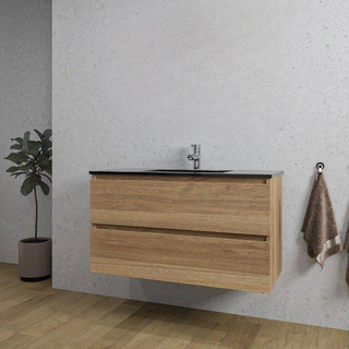 Adema Chaci Ensemble de meuble 101x46x57cm avec 2 tiroirs sans poignée vasque en céramique noire avec trou de robinet cannelle