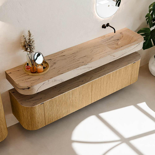 MONDIAZ THOR-DLUX 200cm meuble de salle de bains arrondi gauche + droite couleur Chêne avec 2 tiroirs et 2 portes. Vasque suspendue CLOUD Droite sans trou de robinet couleur Arena.