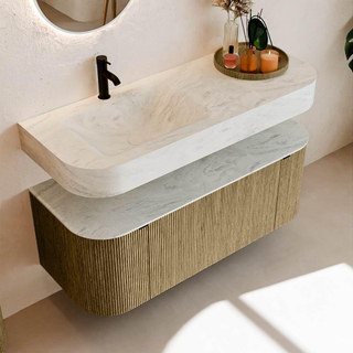 MONDIAZ THOR-DLUX 120cm meuble de salle de bains arrondi gauche + droite couleur Dusk avec 1 tiroir et 2 portes. Vasque suspendue CLOUD Gauche 1 trou de robinet couleur Opalo.