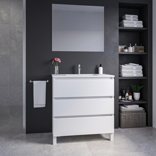 Adema Chaci PLUS Ensemble de meuble - 79.5x86x45.9cm - 1 vasque rectangulaire en céramique Blanc - 1 trou de robinet - 3 tiroirs - miroir rectangulaire - Blanc mat