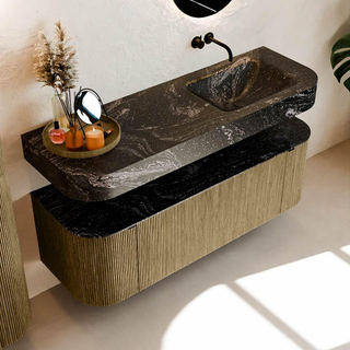 MONDIAZ THOR-DLUX 140cm meuble de salle de bains arrondi gauche + droite couleur Dusk avec 1 tiroir et 2 portes. Vasque suspendue CLOUD droite sans trou de robinet couleur Lava.