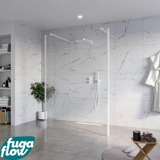FugaFlow Eccelente Vetro Vrijstaande inloopdouche badkamer - 140x200cm - Helder - antikalk - 8mm veiligheidsglas - 2 zijwanden 30cm - met wandarmen en hoekprofielen - Wit mat -