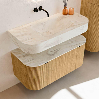 MONDIAZ THOR-DLUX 100cm badmeubel ronding links + rechts kleur Oak met 1 lade en 2 deuren. Vrijhangende wastafel CLOUD Midden zonder kraangat kleur Ostra.