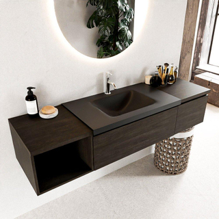 MONDIAZ BUKLA 160cm meuble de salle de bain avec module ouvert 40 gauche couleur Marron Foncé avec 2 tiroirs. Lavabo CLOUD centre 1 trou de robinet couleur Urban.