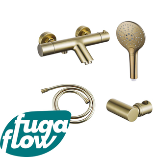 FugaFlow Eccelente Sobrado Badkamer Thermostatische badkraan met ronde handdouche, handdouchehouder en gladde doucheslang Geborsteld Messing PVD