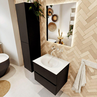 MONDIAZ VICA meuble sous lavabo 60cm Urban 2 tiroirs. Lavabo MOON central sans trou de robinet, couleur Talc.