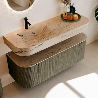 MONDIAZ THOR-DLUX Meuble de salle de bains 130cm arrondi gauche + droite couleur Shadow avec 1 tiroir et 2 portes. Vasque suspendue CLOUD Gauche 1 trou de robinet couleur Arena.