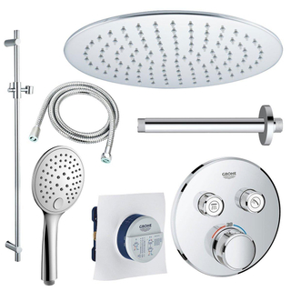 Grohe - Adema Rise Ensemble de douche pluie encastré - 2 fonctions - avec pomme de douche Adema Rise 20cm - douchette ronde - bras de plafond - barre coulissante 90 cm - Thermostat encastré Grohe Grohtherm - chrome