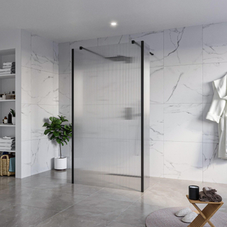 FugaFlow Eccelente Vetro Douche à l'italienne - 110x200cm - verre clair nervuré - anticalcaire - verre de sécurité 8mm - 2 parois latérales 30cm - avec bras muraux et profilés d'angle - Noir mat