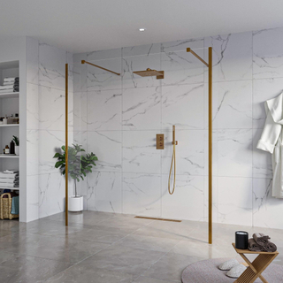 FugaFlow Eccelente Vetro Vrijstaande inloopdouche badkamer - 180x200cm - Helder - antikalk - 8mm veiligheidsglas - 2 zijwanden 30cm - met wandarmen en hoekprofielen - Koper geborsteld -