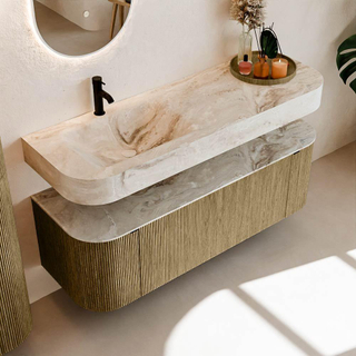 MONDIAZ THOR-DLUX 140cm meuble de salle de bains arrondi gauche + droite couleur Dusk avec 1 tiroir et 2 portes. Vasque suspendue CLOUD Gauche 1 trou de robinet couleur Frappe.