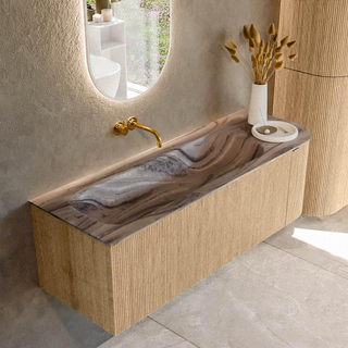 MONDIAZ KURVE-DLUX 135cm badmeubel ronding Rechts kleur Oak met 1 lade en 1 deur. Wastafel BIG MEDIUM Links zonder kraangat Sombra.