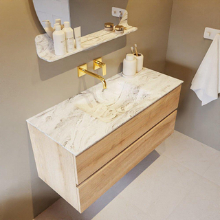 Mondiaz VICA-DLUX Ensemble de meuble de salle de bain - 110cm - meuble sous-vasque chêne blanchi - 2 tiroirs - lavabo encastré nuage milieu - sans trous de robinet - version haute 60cm - glace