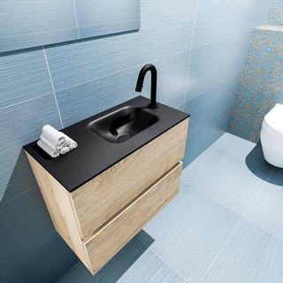 MONDIAZ ADA Toiletmeubel - 60x30x50cm - 1 kraangat - 2 lades - washed oak mat - wasbak rechts - Solid surface - Zwart