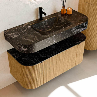 MONDIAZ THOR-DLUX 110cm badmeubel ronding links + rechts kleur Oak met 1 lade en 2 deuren. Vrijhangende wastafel CLOUD Midden 1 kraangat kleur Lava.