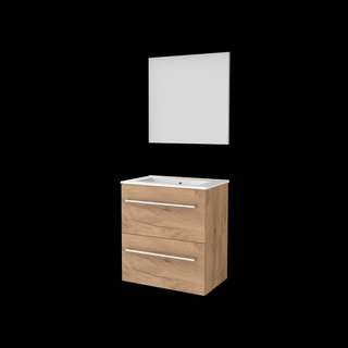 Basic-Line Basic 39 ensemble de meubles de salle de bain 60x39cm avec poignées 2 tiroirs lavabo en porcelaine 1 trou pour robinet miroir mfc whisky oak