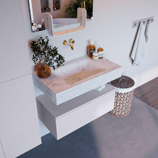 Mondiaz ALAN-DLUX Ensemble de meuble - 80cm - meuble Cale mat - 1 tiroir - Lavabo Cloud Opalo suspendu - vasque Centre - 0 trous de robinet
