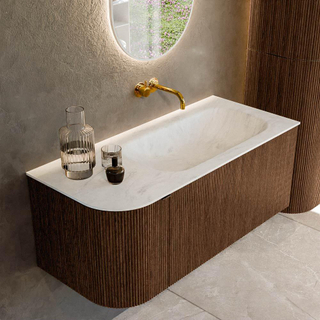 MONDIAZ KURVE-DLUX 105cm Meuble salle de bain avec module 25 G - couleur Walnut - 1 tiroir - 1 porte - vasque BIG SMALL droite - sans trou de robinet - couleur Opalo