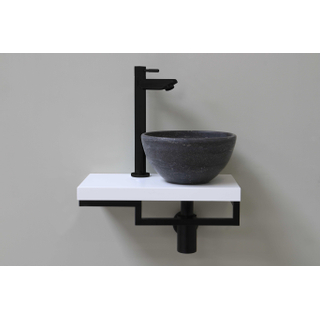 Proline fonteinset compleet met keramieken waskom hardsteen rechts, mat wit blad, kraan, sifon en afvoerplug mat zwart