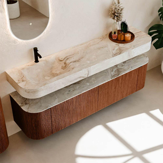 MONDIAZ THOR-DLUX 180cm meuble de salle de bains arrondi gauche + droite couleur Ruby avec 2 tiroirs et 2 portes. Vasque suspendue CLOUD Gauche 1 trou de robinet couleur Frappe.