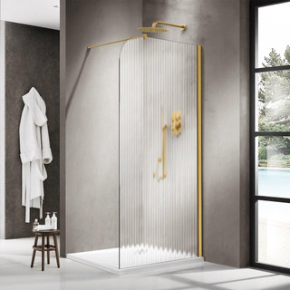 FugaFlow Eccelente Vetro Inloopdouche - 90x200cm - afgeronde glaswand - rechts - ribbel glas - wandarm - geborsteld messing PVD (Goud)
