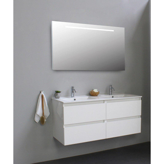 Basic Bella Meuble lavabo céramique avec 2 trou de robinet avec miroir avec éclairage 120x55x46cm Flat Pack Blanc haute-brillance
