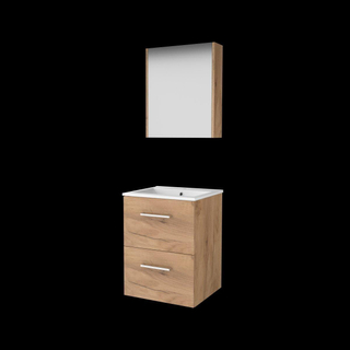 Basic-Line Comfort 46 ensemble de meubles de salle de bain 50x46cm avec poignées 2 tiroirs lavabo en porcelaine 1 trou de robinet armoire de toilette mfc whisky oak