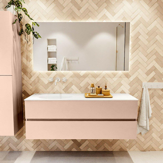 Mondiaz VICA ensemble de meuble de salle de bain - 140cm - meuble sous-vasque rosee - 2 tiroirs - lavabo moon gauche - sans trous de robinet - version haute de 60cm - talc