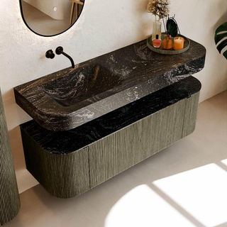 MONDIAZ THOR-DLUX 140cm meuble de salle de bains arrondi gauche + droite couleur Shadow avec 1 tiroir et 2 portes. Vasque suspendue CLOUD Gauche sans trou de robinet couleur Lava.